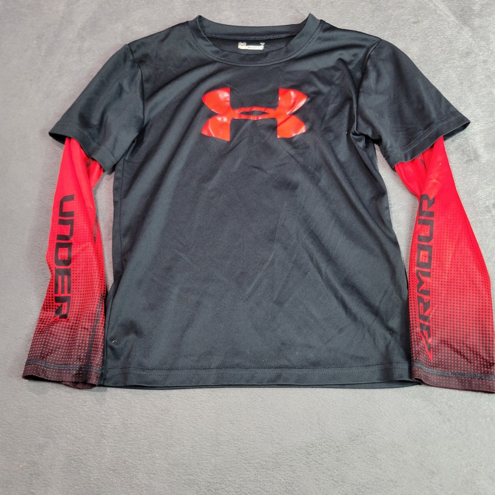 Under Armour Shirt Boys 7 Black Red Big Logo Layered Look HeatGear Performance